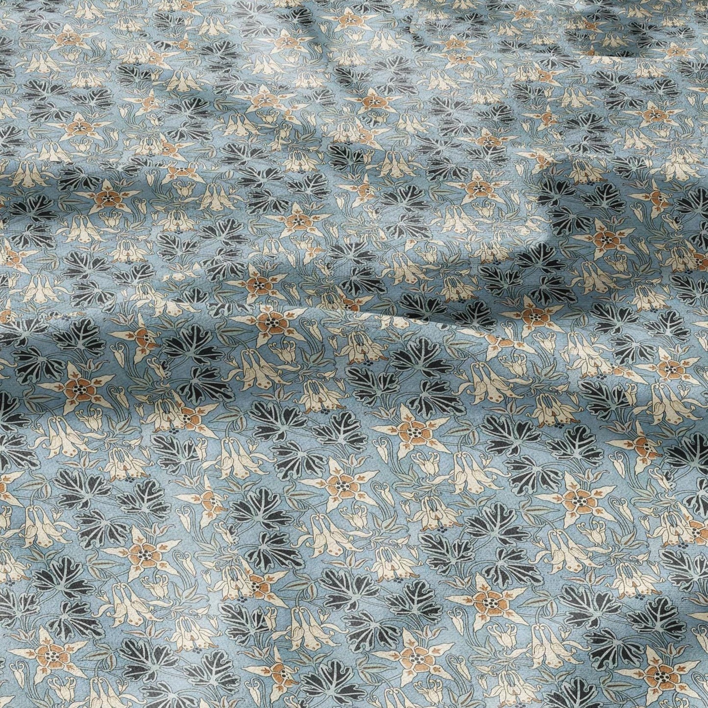 100% linen Columbine prints fabric for Curtain Upholstery Cushion - Art deco blue flower print fabric for dress making sewing
