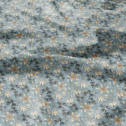 100% linen Columbine prints fabric for Curtain Upholstery Cushion - Art deco blue flower print fabric for dress making sewing