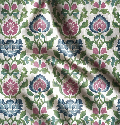 100% LINEN Fabric floral print on linen, Botanical fabric with large flowers in pink blue green for upholstery curtains home textile 2646