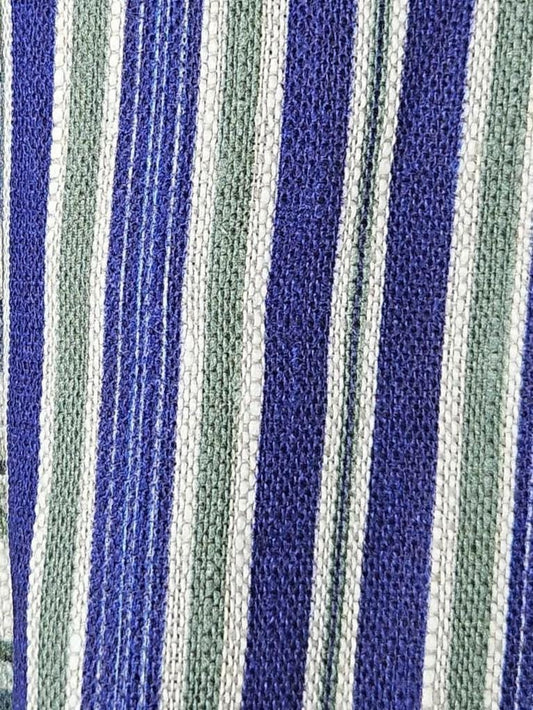 100% LINEN Fabric french blue green stripe print on oatmeal natur linen