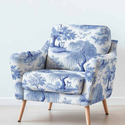 100% LINEN Fabric UPHOLSTERY 12oz - Willow blue Arfa music bluewhite print on linen - tree scenery floral upholstery 2280