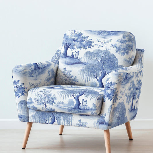 100% LINEN Fabric UPHOLSTERY 12oz - Willow blue Arfa music bluewhite print on linen - tree scenery floral upholstery 2280