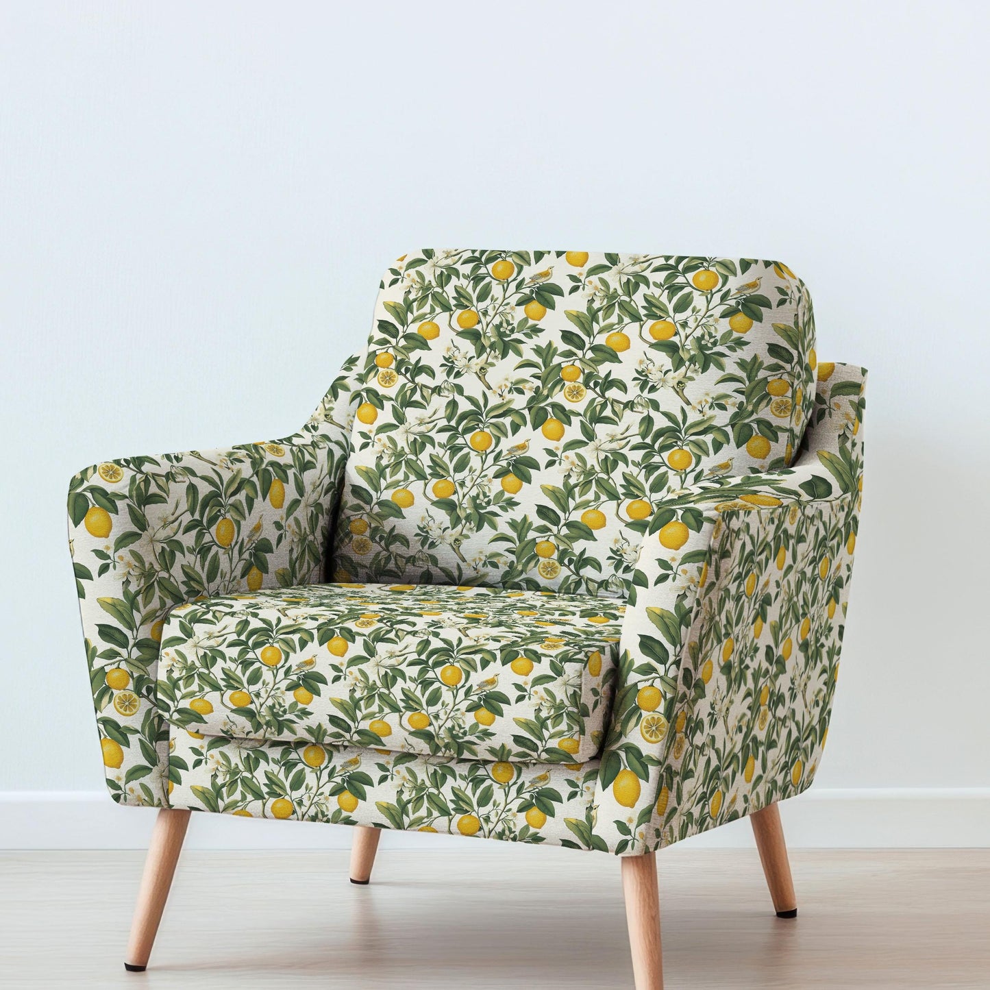 100% LINEN Fabric UPHOLSTERY 12oz - Italian lemon print on linen - Modern vintage floral green yellow pattern 2031