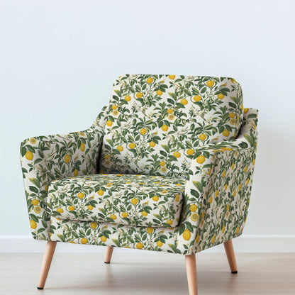 100% LINEN Fabric UPHOLSTERY 12oz - Italian lemon print on linen - Modern vintage floral green yellow pattern 2031