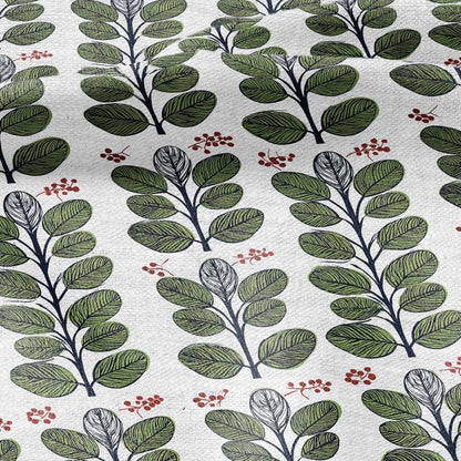 100% LINEN Fabric Swedish Valnot green leaves print - Walnut leaves botanical stripe upholstery home textile artisan green white 2749