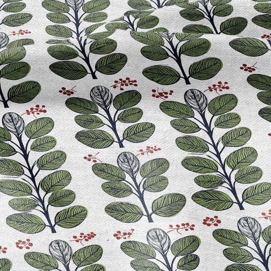 100% LINEN Fabric Swedish Valnot green leaves print - Walnut leaves botanical stripe upholstery home textile artisan green white 2749