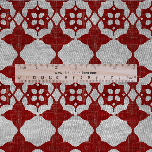 100% LINEN Fabric Geometric red print -  on oatmeal linen for upholstery curtains dress making 2653