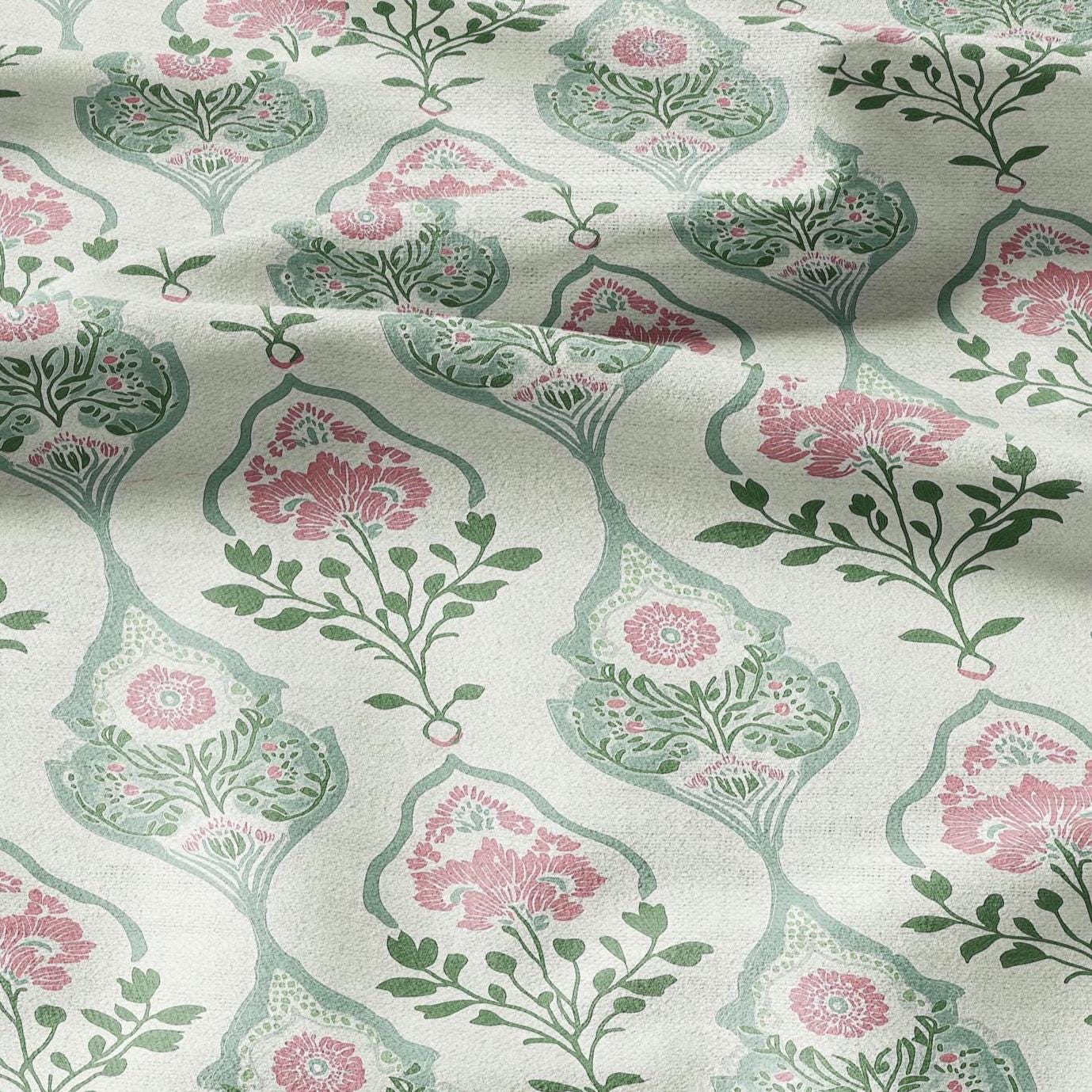 100% LINEN Fabric oriental print - preppy pink green floral block print - 2585 - upholstery home decor clothing sewing
