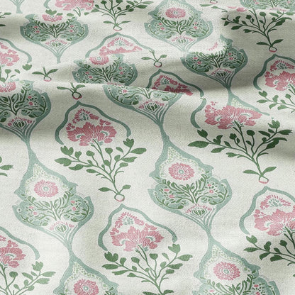 100% LINEN Fabric oriental print - preppy pink green floral block print - 2585 - upholstery home decor clothing sewing