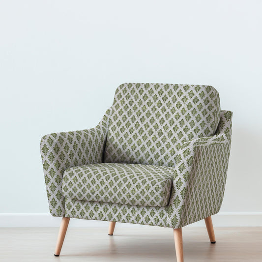 100% LINEN Fabric UPHOLSTERY 12oz - green block print - oatmeal linen fabric with floral print - Modern Vintage upholstery 302