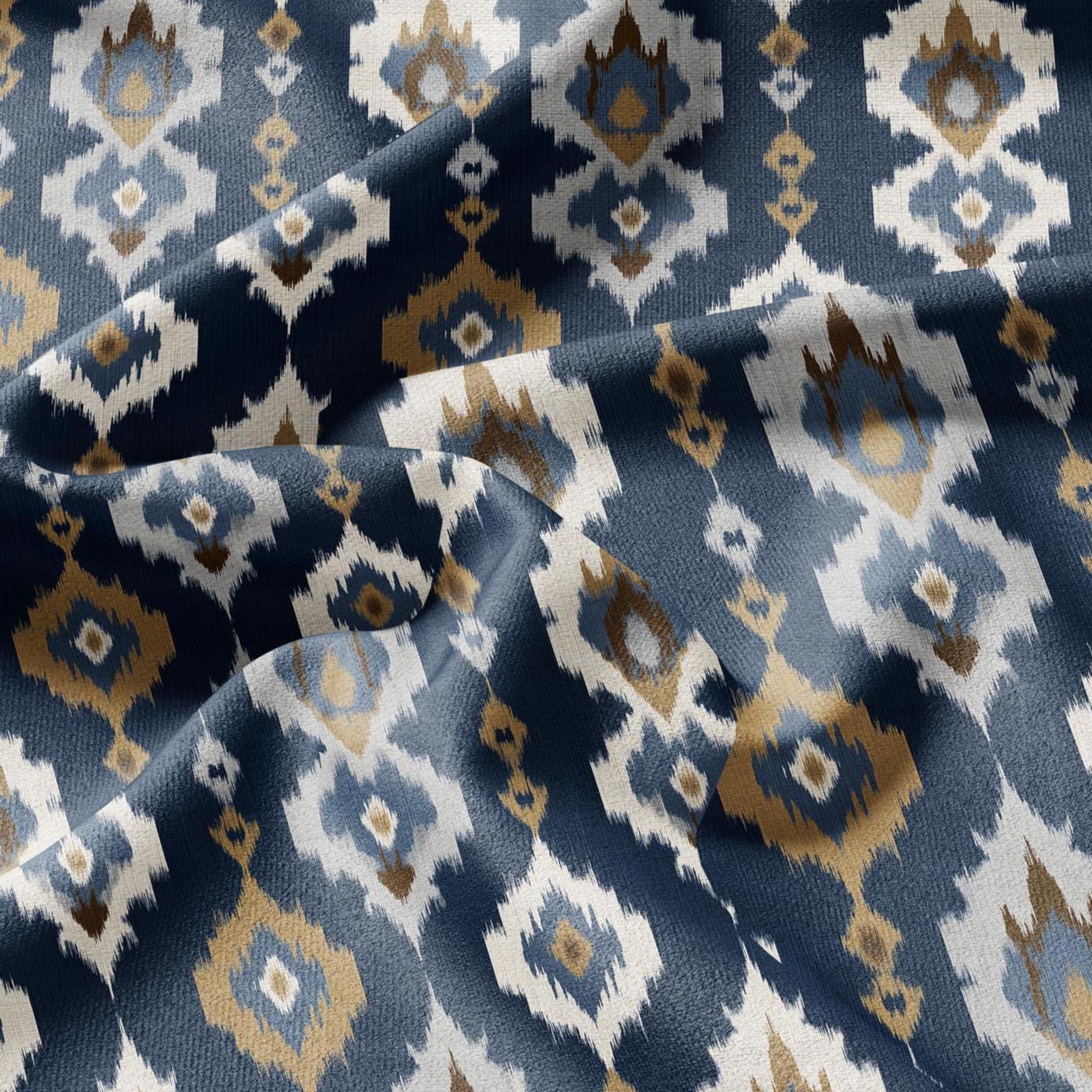 100% LINEN Fabric Abstract Ikat ethno print - Modern Navy Blue beige - for upholstery home decor curtains pillows sewing dress 2972