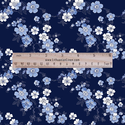 100% LINEN Fabric Japanes blue floral print on white linen - indigo flower on flax fabric for uphlstery heavy / medium for clothing 2579