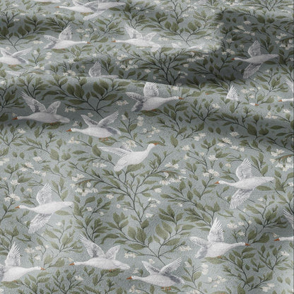 100% LINEN Fabric white goose print - animal linen fabric with bird print for upholstery home decor curtains pillowcases dress making 2973