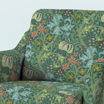 100% LINEN Fabric UPHOLSTERY 12oz - William Morris Golden lily green print on linen - Victorian art craft - floral upholstery 2052L