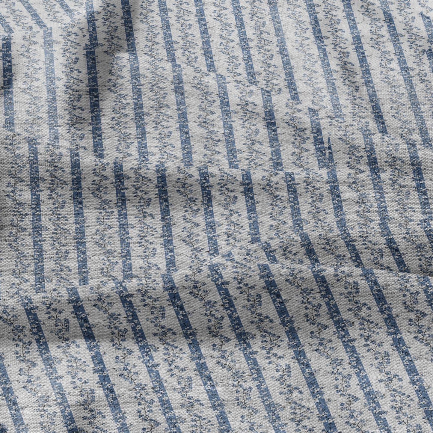 100% LINEN Fabric floral stripe block print on oatmeal linen - blue gray heavy fabric for upholstery - medium weight linen dress making 2502
