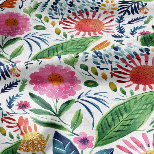 100% LINEN Fabric block print colorful bold flowers - Scandinavian Modernism floral print - heavy for upholstery medium for dressmaking 2029