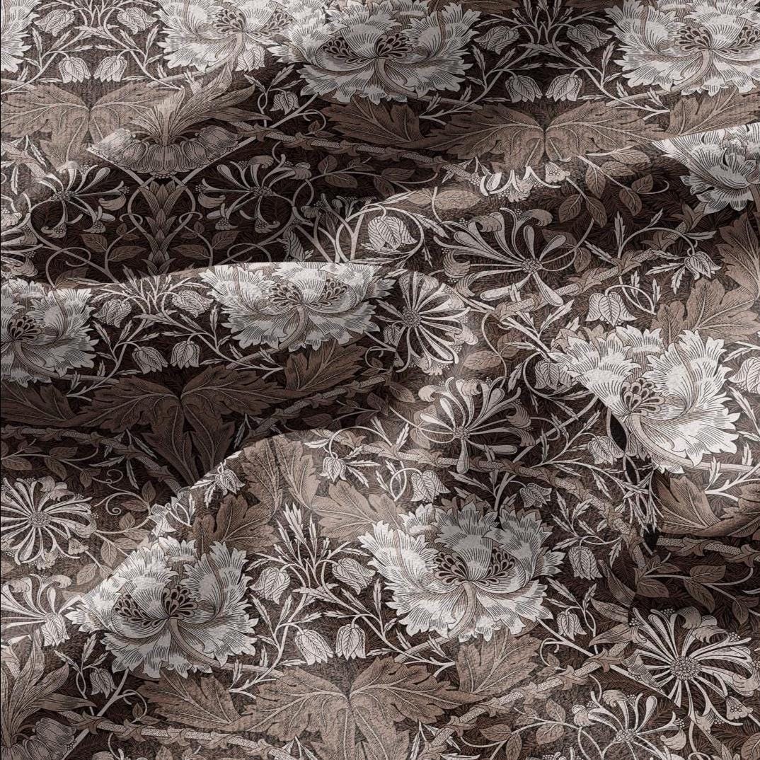 100% linen fabric William Morris Honeysuckle brown print - Victorian Art crafts - Historical pattern fabric upholstery dress making 3310