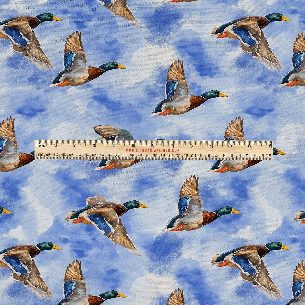 100% LINEN Fabric UPHOLSTERY 12oz - Flying goose on linen - Modern vintage Victorian birds upholstery 2796
