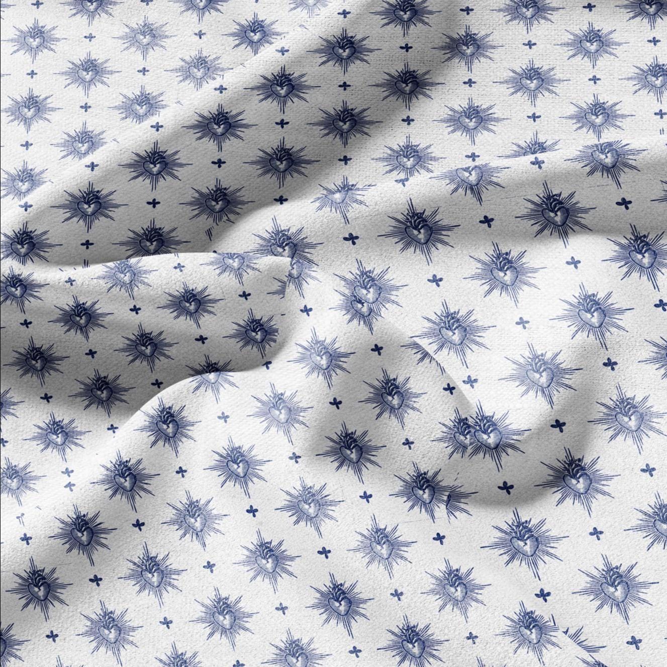 100% LINEN Fabric Sacred heart linen -blue white fabric for upholstery home decor dress making 3006