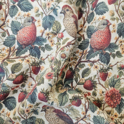 Birds in Strawberry field 100% LINEN Fabric, flax linen fabric Strawberry print on linen for home textile clothing curtains