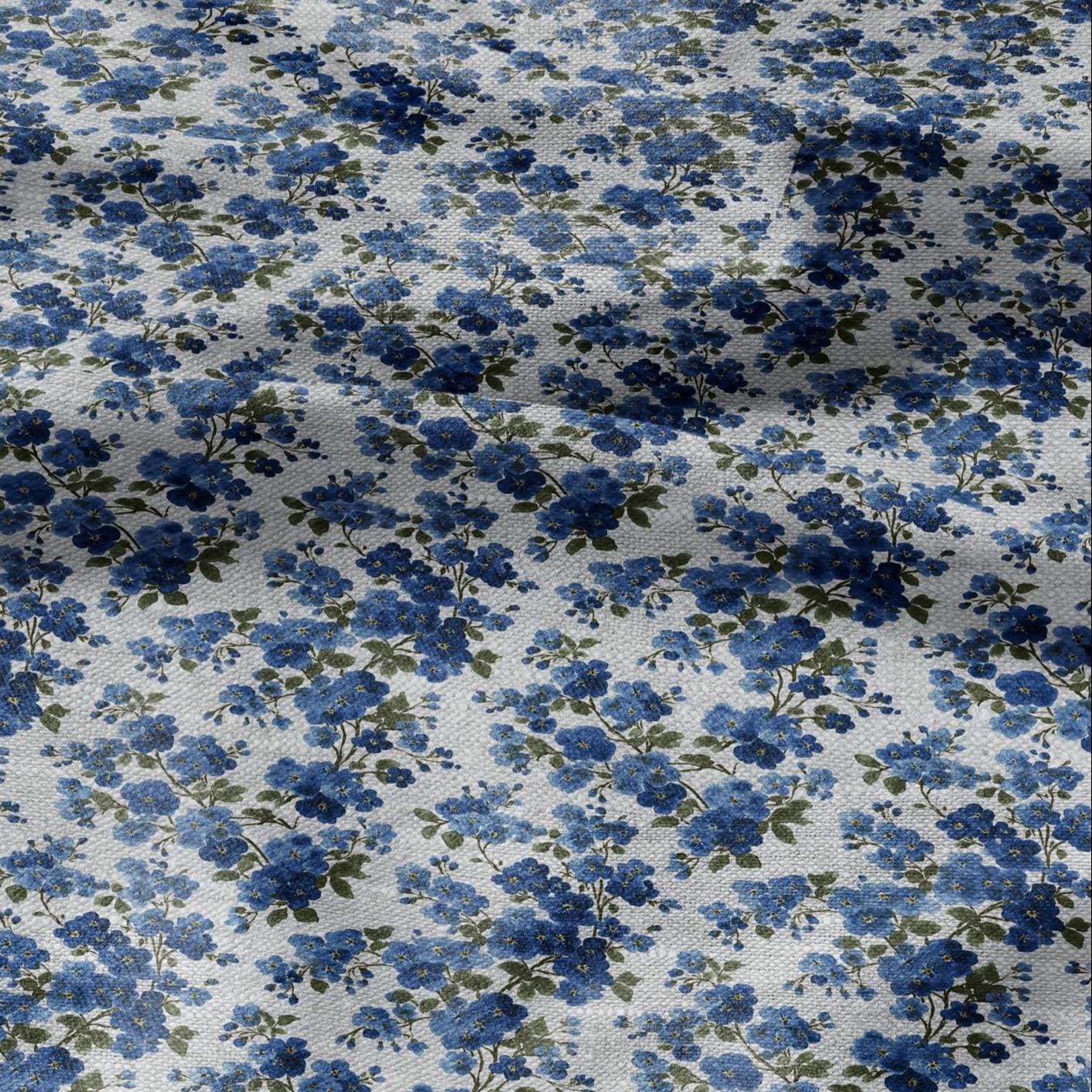 100% LINEN Fabric blue flower - forget me not floral block print on oatmeal linen  2913