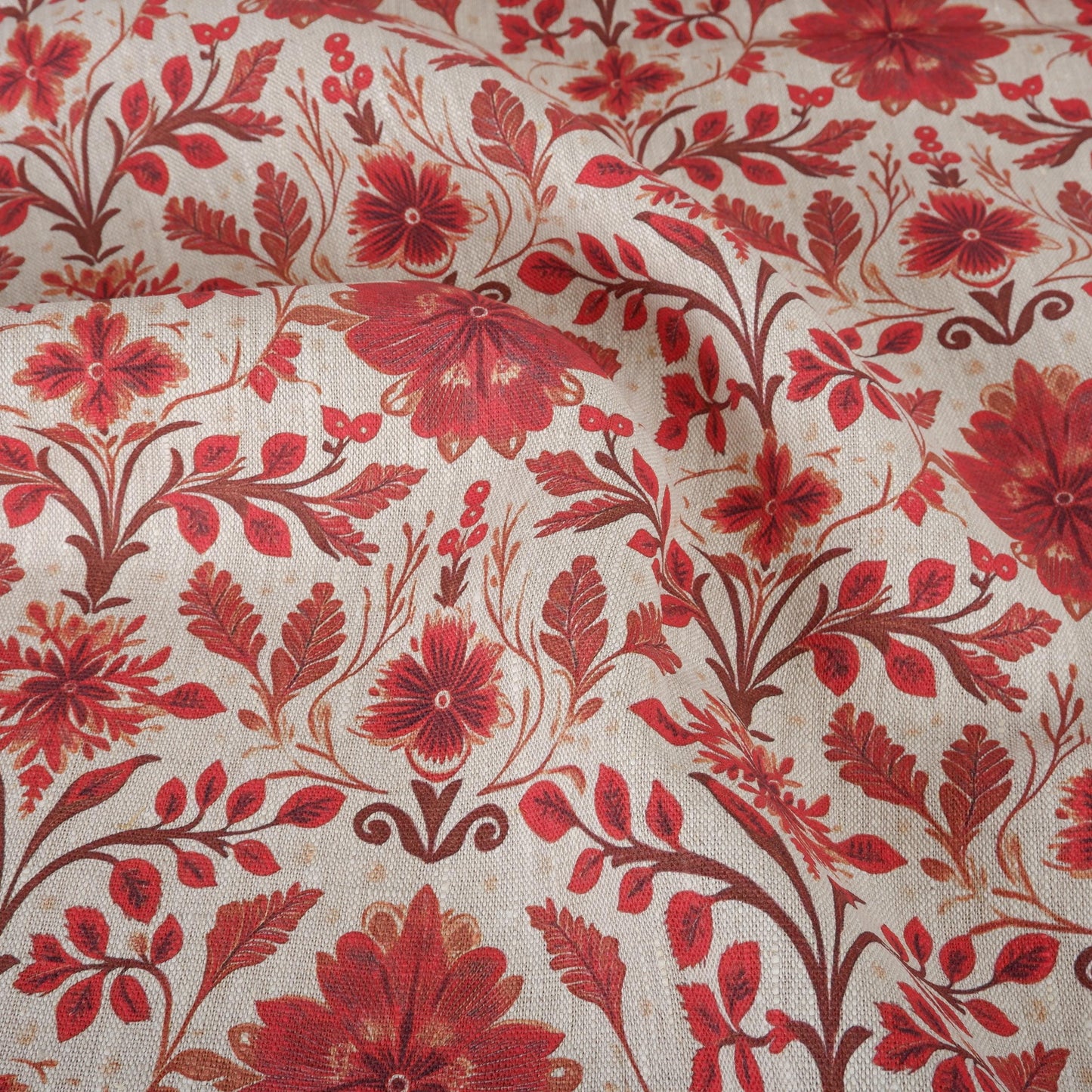 100% LINEN Fabric red floral print on oatmeal natur linen - love red flower fabric - French linen floral upholstery dress making 2036