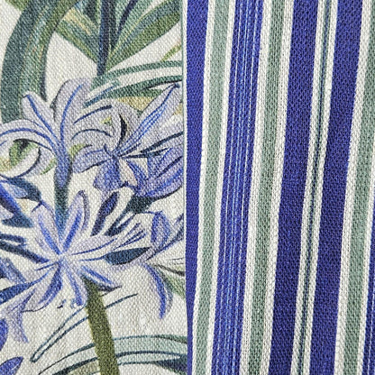 100% LINEN Fabric french blue green stripe print on oatmeal natur linen