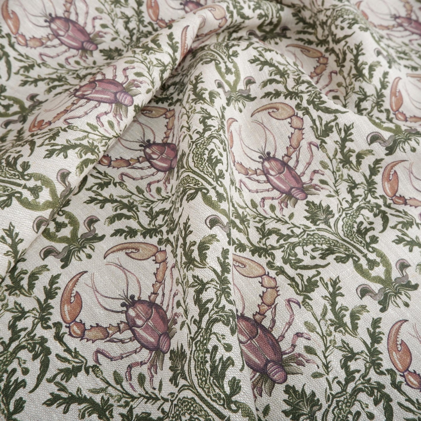 100% LINEN Fabric Lobster Nautical print - oatmeal linen fabric with green purple grey coastal print for upholstery home decor dressmaking