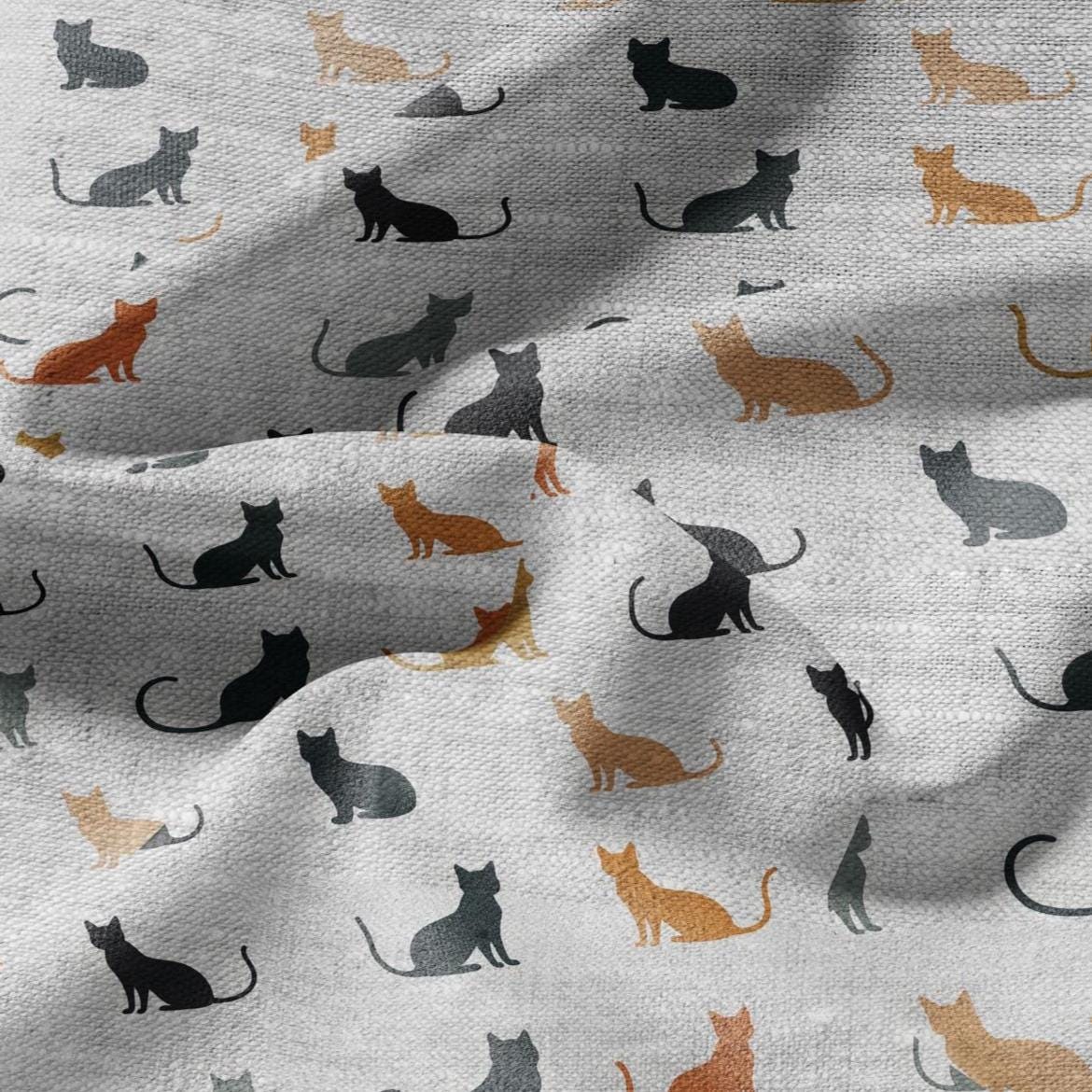 100% LINEN Fabric Block print Cats - oatmeal linen fabric with animal print - heavy for home decor clothing 2136