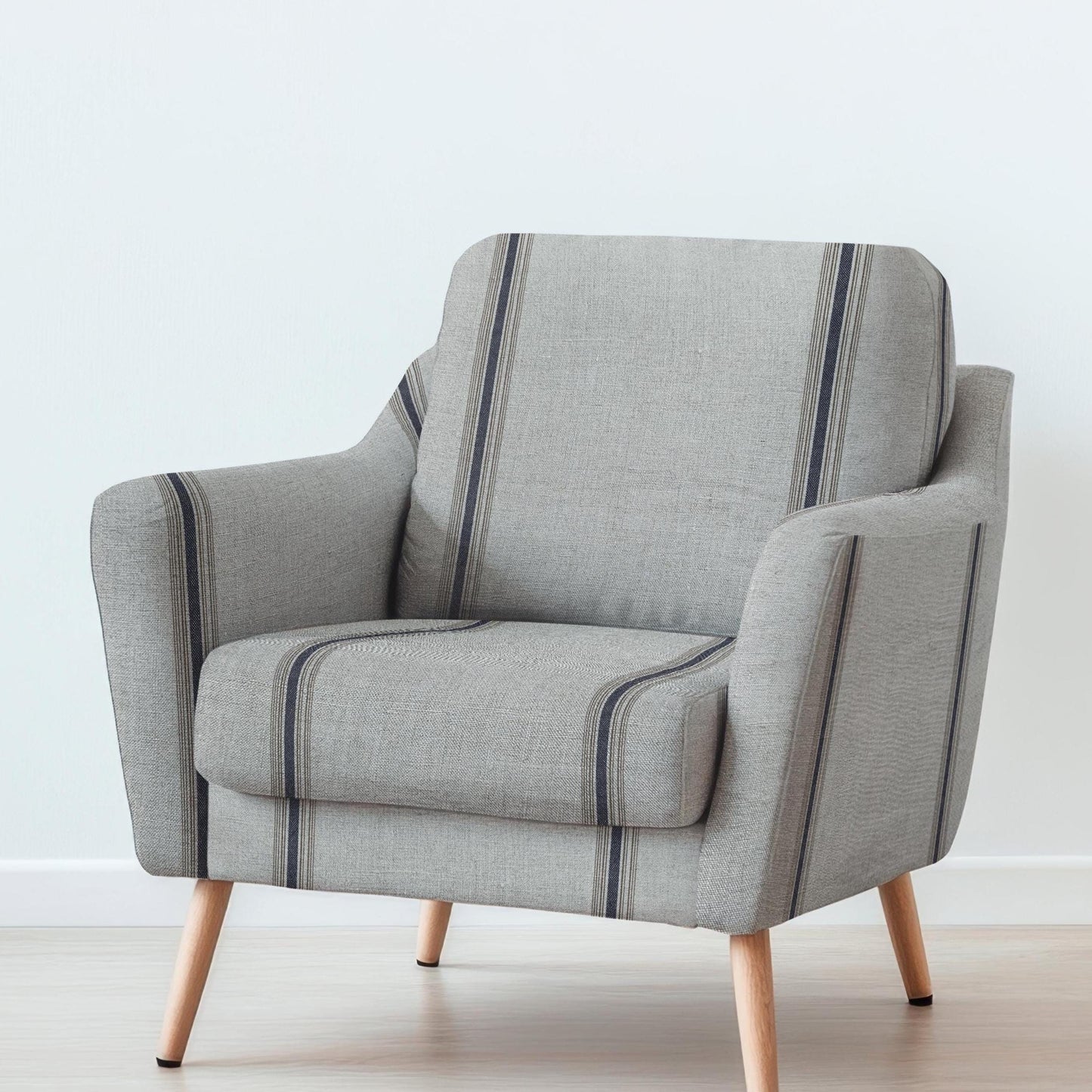 100% LINEN Fabric UPHOLSTERY 12oz - Belgian ticking stripe on natural taupe grey linen - Modern vintage upholstery 2819