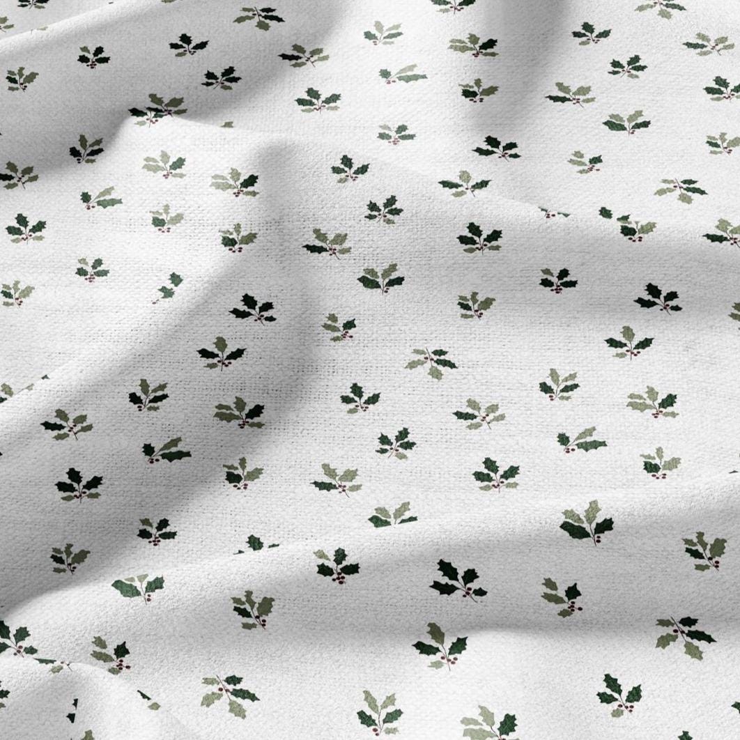 100% LINEN Fabric Leaves tiny green print - Mid-century modern botanical stripe upholstery home textile artisan green white 3094