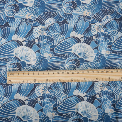 100% LINEN Fabric block print indigo blue white Japandi Sensu - Japanese fabric with abstract fan print linen upholstery dressmaking sewing