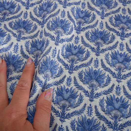 100% LINEN Fabric French blue block print on white linen - toile de jouy fabric - floral upholstery heavy or dressmaking medium weight 2510