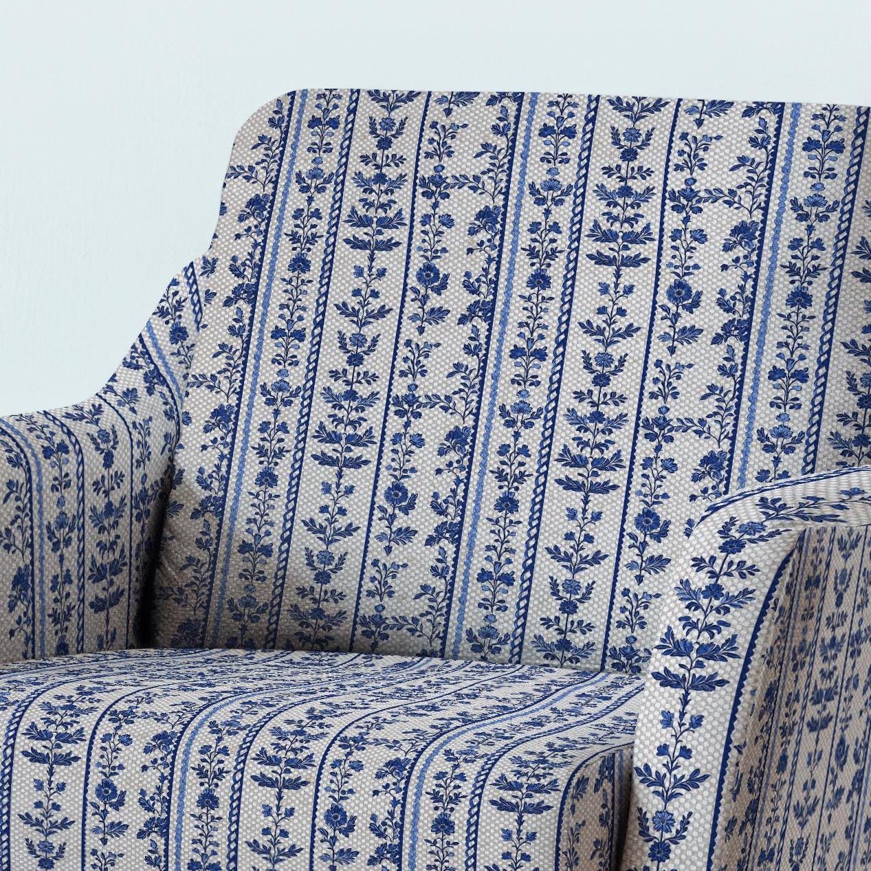 100% LINEN Fabric UPHOLSTERY 12oz - preppy floral blue stripe print on linen - Modern vintage Victorian coastal marine upholstery 369