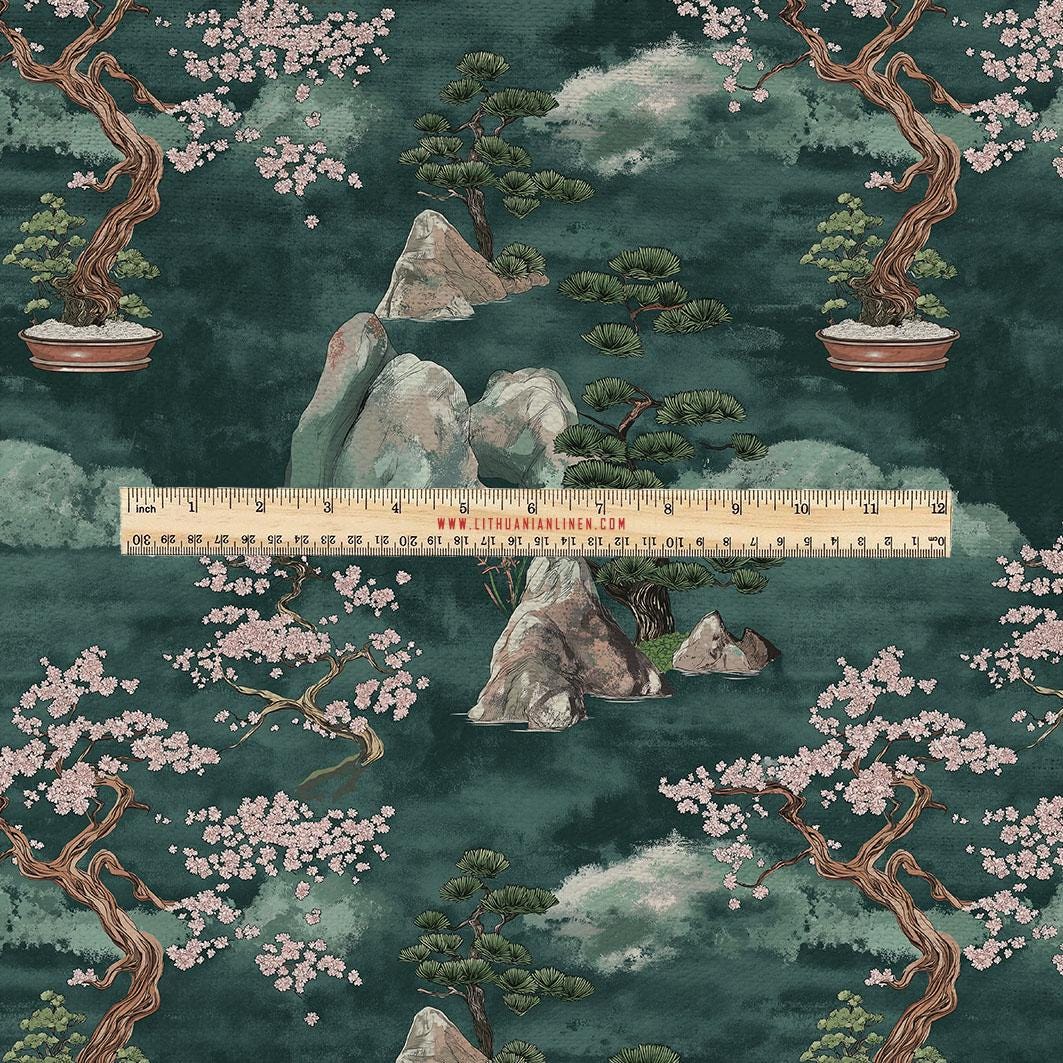 100% LINEN Fabric UPHOLSTERY 12oz - Zen garden green pink print on linen 2091 - Japanese oriental scenery