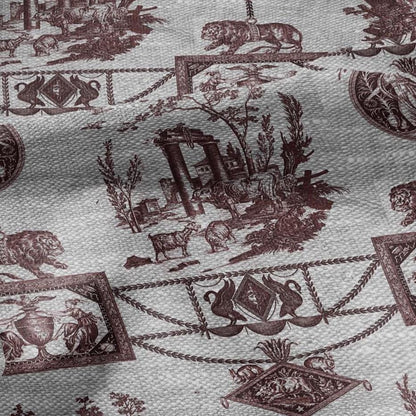 100% LINEN Fabric french red print oatmeal - Goddess Diana with Lion - toile de jouy - Diane chasseresse by Jean-Baptiste Huet 3419