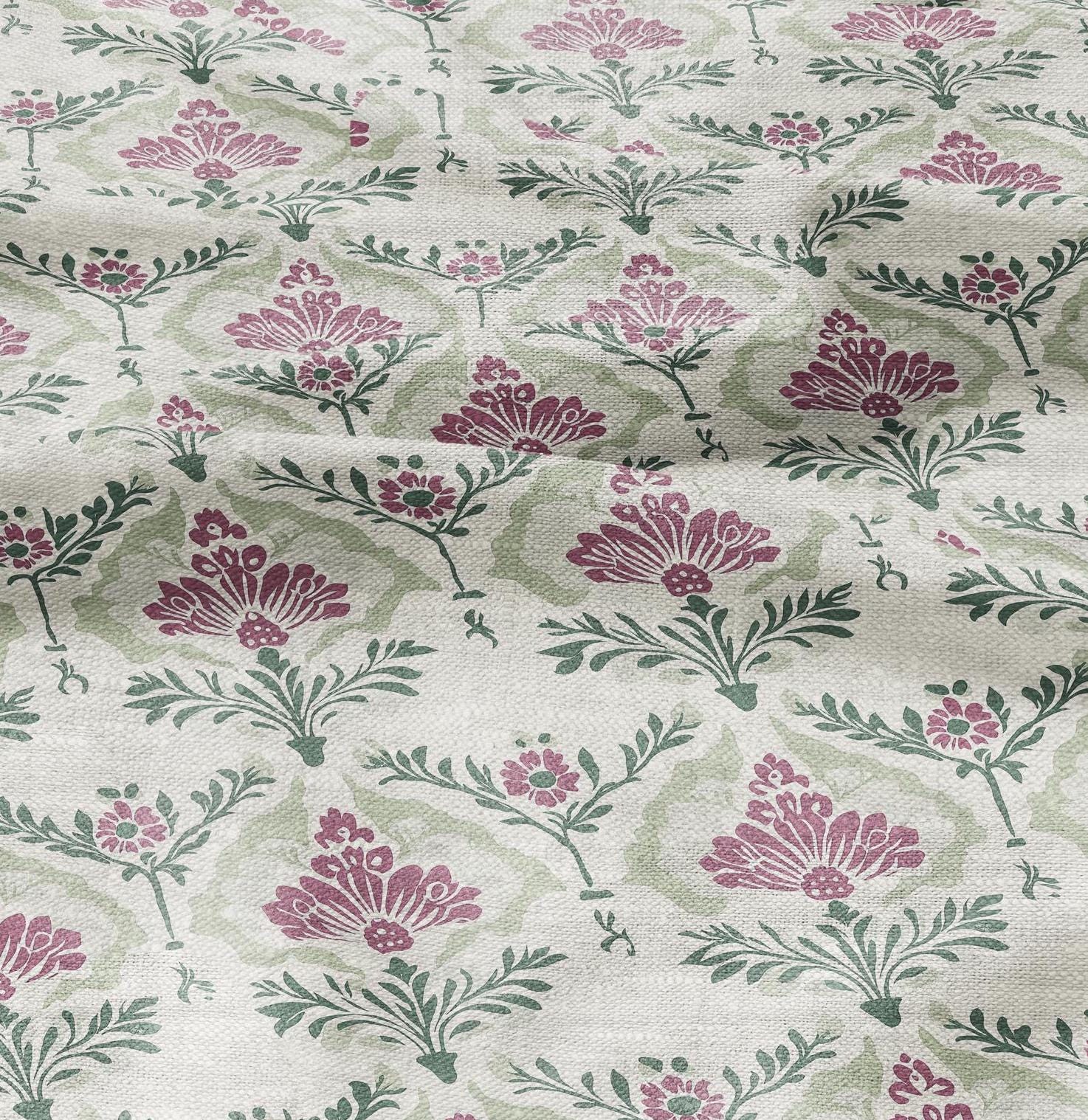 100% LINEN Fabric floral with botanical print - linen fabric with pale green print for upholstery home decor curtains pillowcases