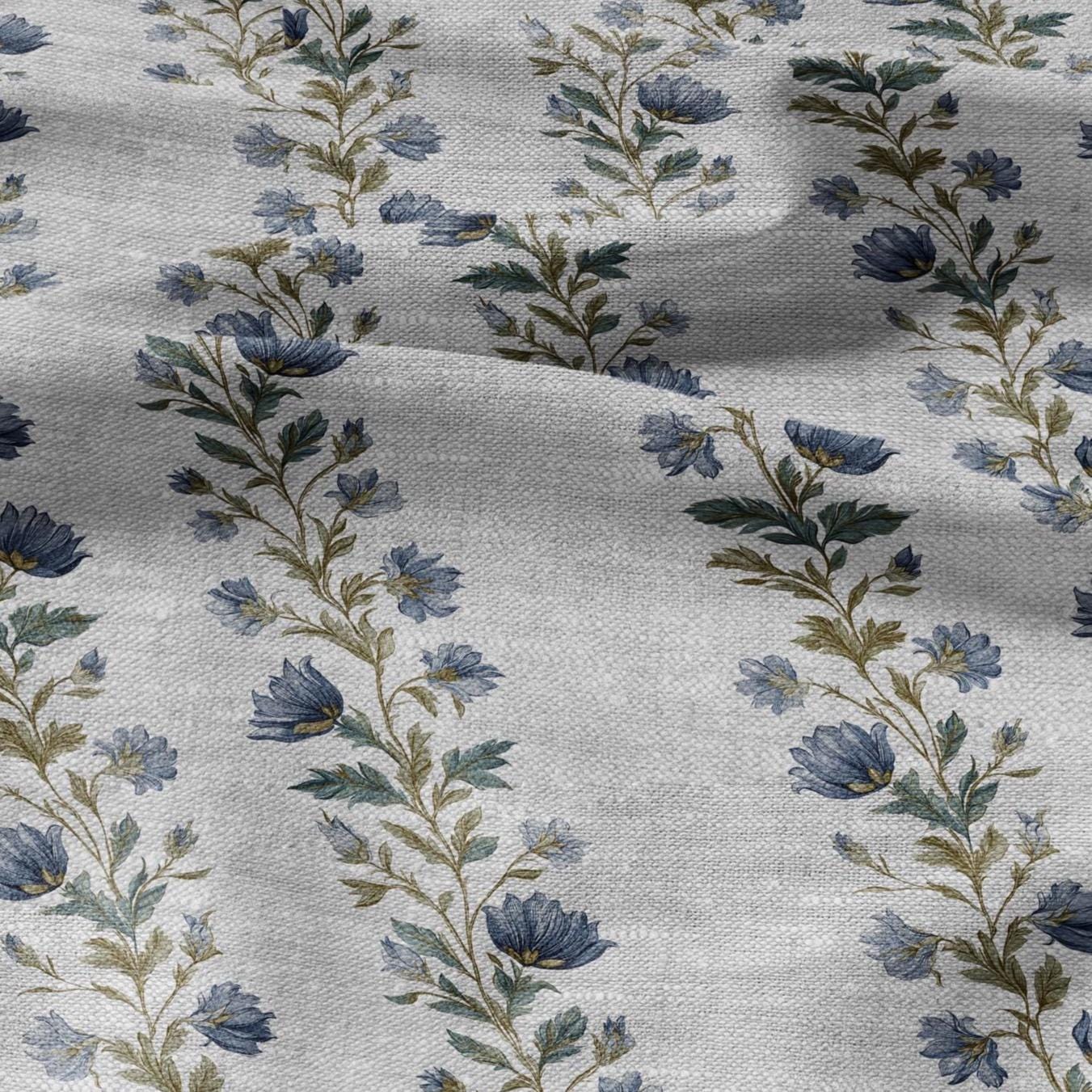 100% LINEN Fabric block print stripe floral blue green on grey - oatmeal linen fabric with botanical print for upholstery home decor 2915