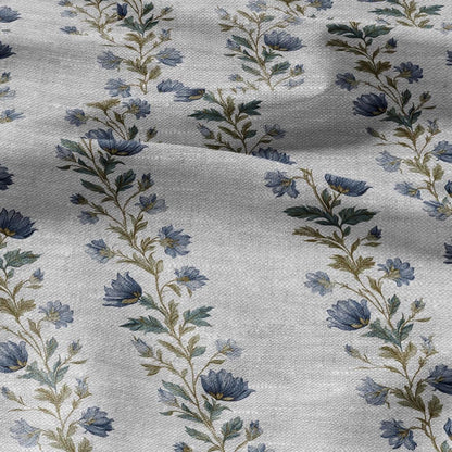 100% LINEN Fabric block print stripe floral blue green on grey - oatmeal linen fabric with botanical print for upholstery home decor 2915