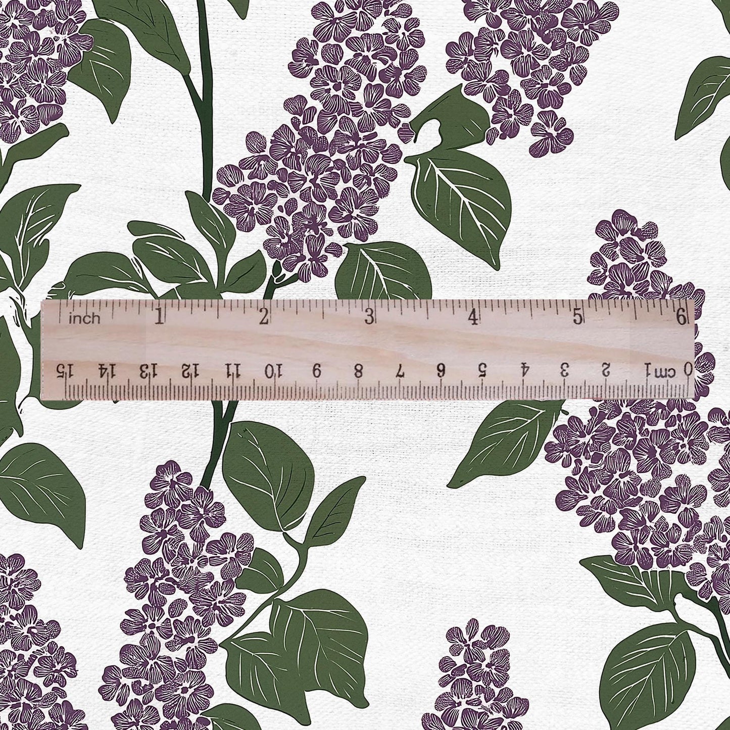 100% LINEN Fabric Block print Lilac blossom - modern vintage botanical flower upholstery home textile artisan green purple white 2355