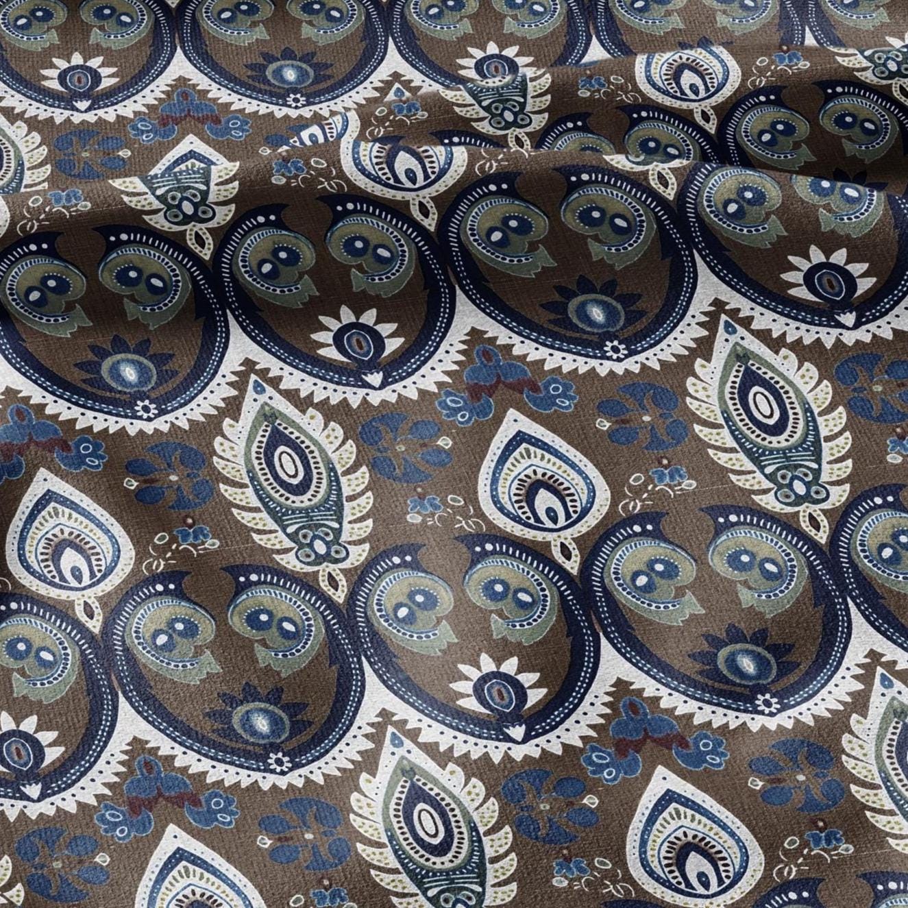 100% linen Vintage Brown Paisley Print fabric for Curtain Upholstery Cushion - Vintage Indian block print fabric for dress making sewing