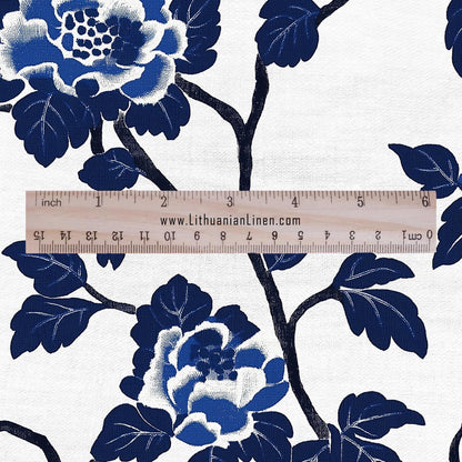 100% LINEN Fabric roses print - indigo blue white floral fabric for upholstery home decor dress making 2381