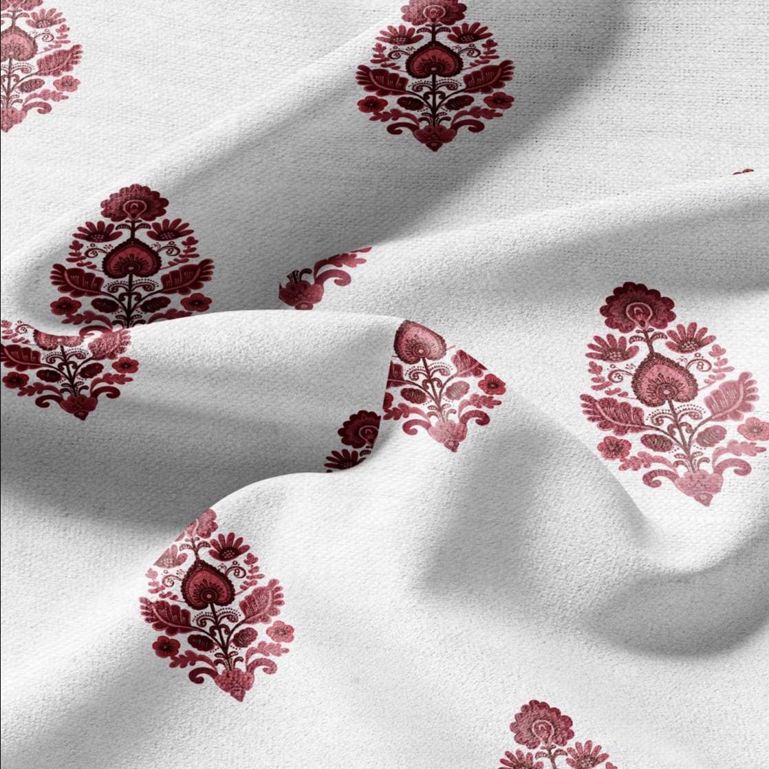 100% LINEN Fabric Block Pandanus flower print  red - floral upholstery home textile artisan fabrics green white 3046