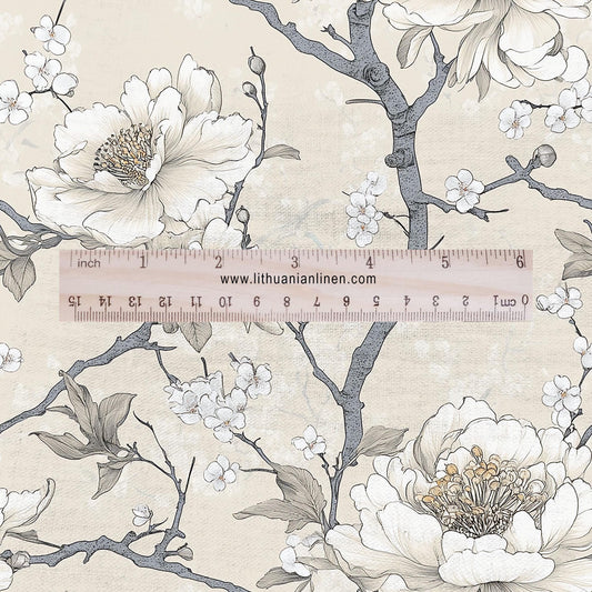 100% LINEN Fabric beige apple blossom print on white linen - floral botanical french linen fabric Provence - linen floral upholstery 2594