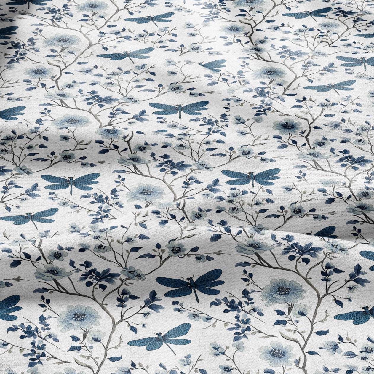100% LINEN Fabric Dragonflies in field print - linen fabric with meadow print for upholstery home decor curtains pillowcases dress making