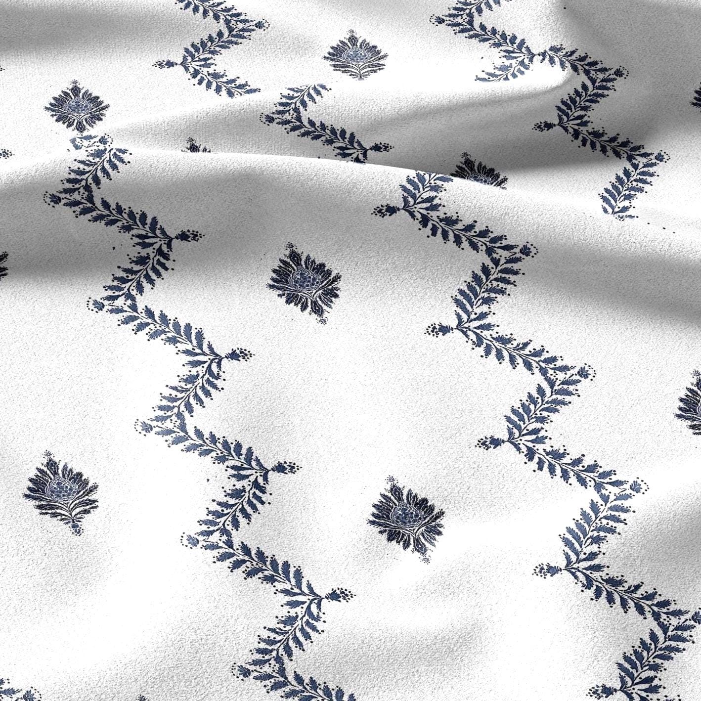 100% linen fabric floral botanical zigzag stripe print - Vintage modern floral botanical pattern 3428
