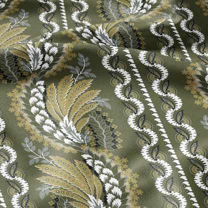 100% LINEN Fabric Vintage floral squilr stripe print - Modern botanical - Victorian Art Craft yellow green 3160