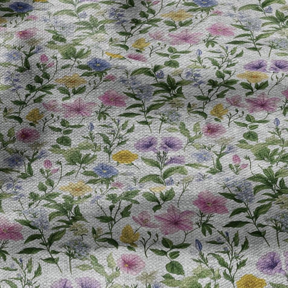 100% LINEN Fabric Summer flowers print - pink green yellow print on oatmeal linen for home decor sewing dress clothing 2209