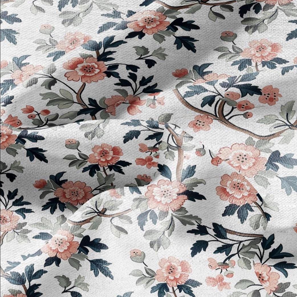 100% LINEN Fabric pink Roses Gulab flower print - botanical upholstery home textile artisan fabrics pink green white 2750