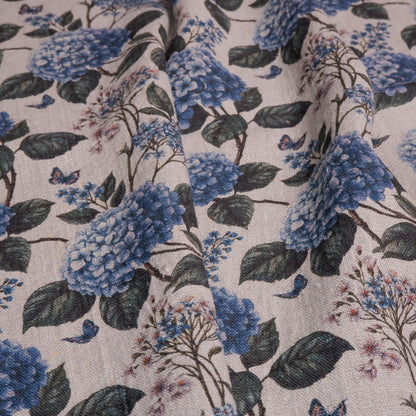 100% LINEN Fabric print Blue Hydrangea -  floral botanical print - heavy for upholstery home decor clothing 3726